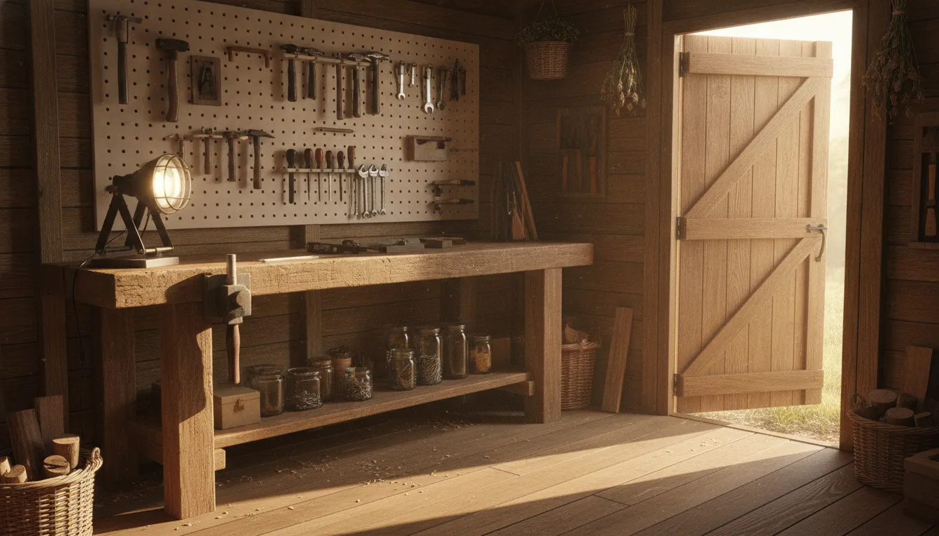 Tidy wood utility shed workshop interior with a workbench and hanging hand tools