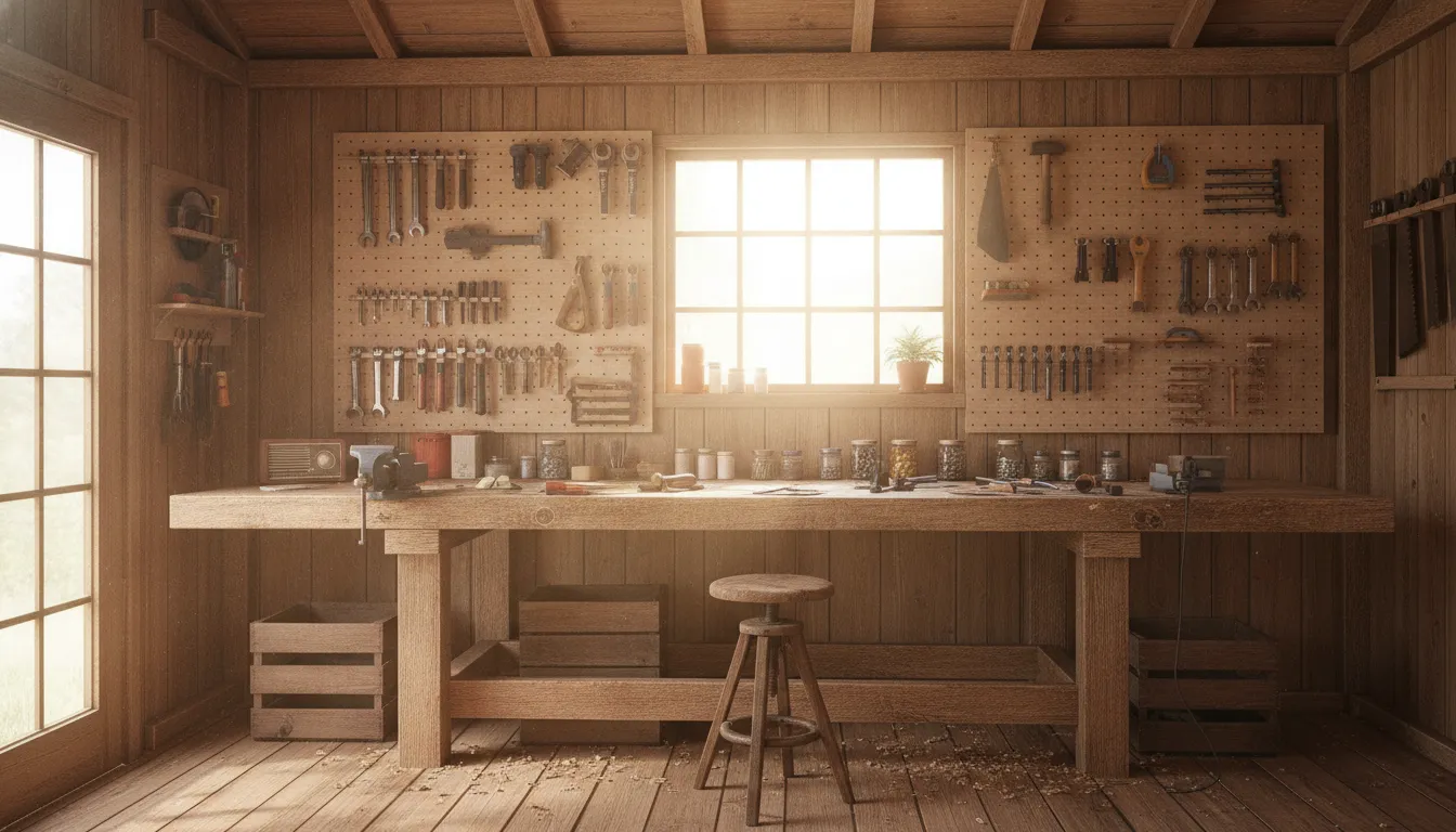 Wooden backyard barn workshop interior with workbench and tools on pegboard walls