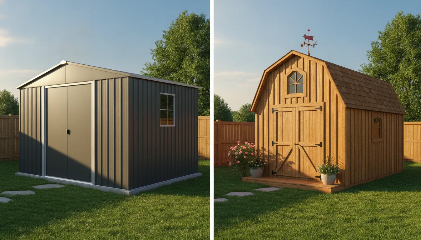Side by side of a metal storage shed and a wooden barn in a backyard