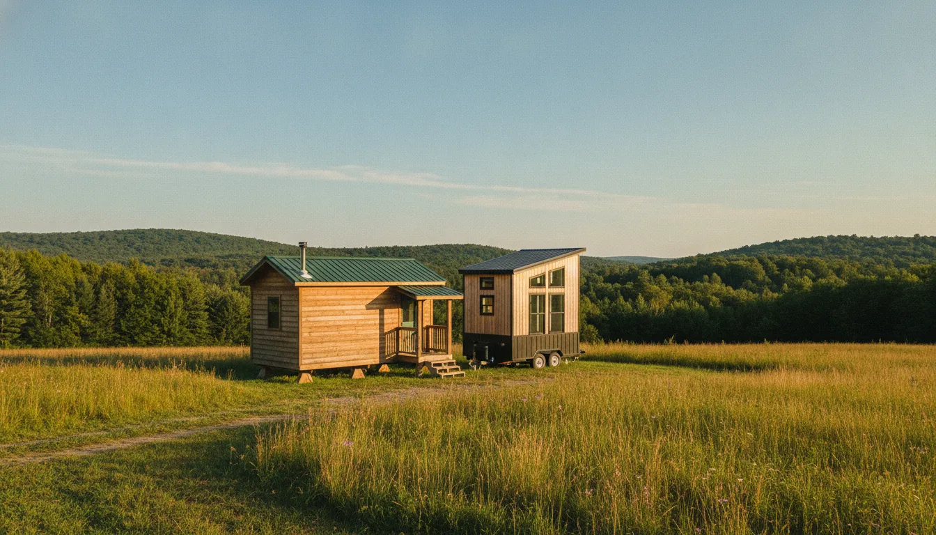 Portable cabin vs tiny house comparison in a rural Upstate New York meadow