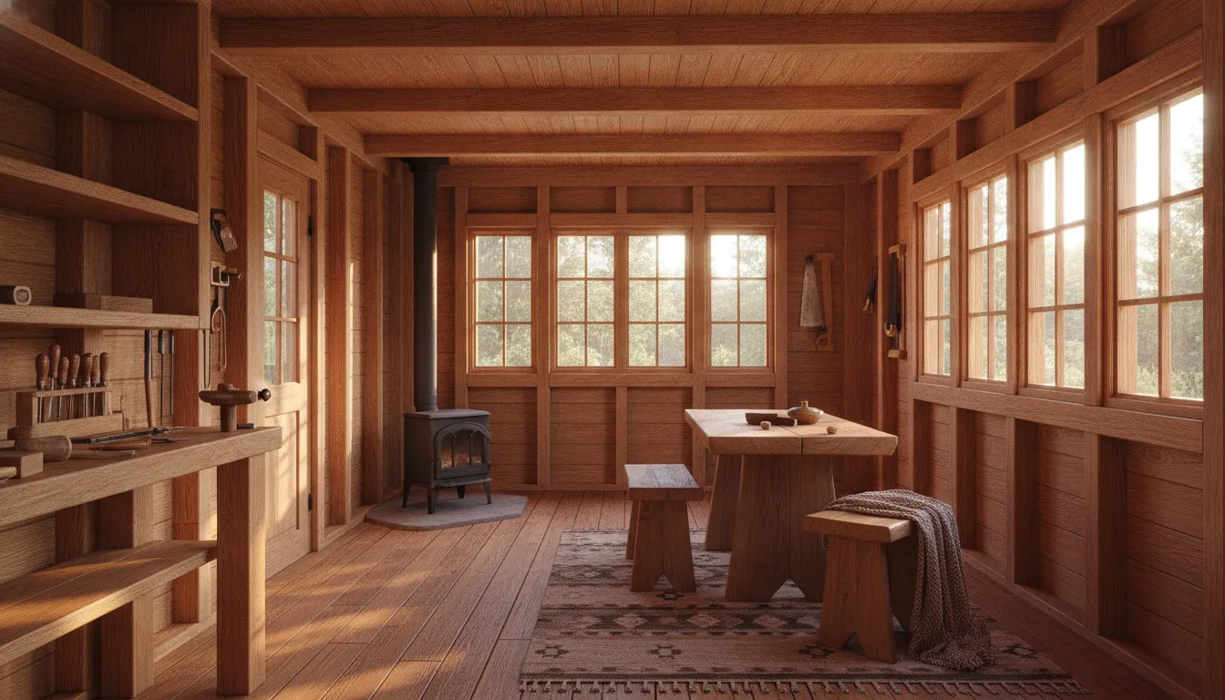 Interior view of a portable cabin showing solid wood stud frame construction and treated floor decking