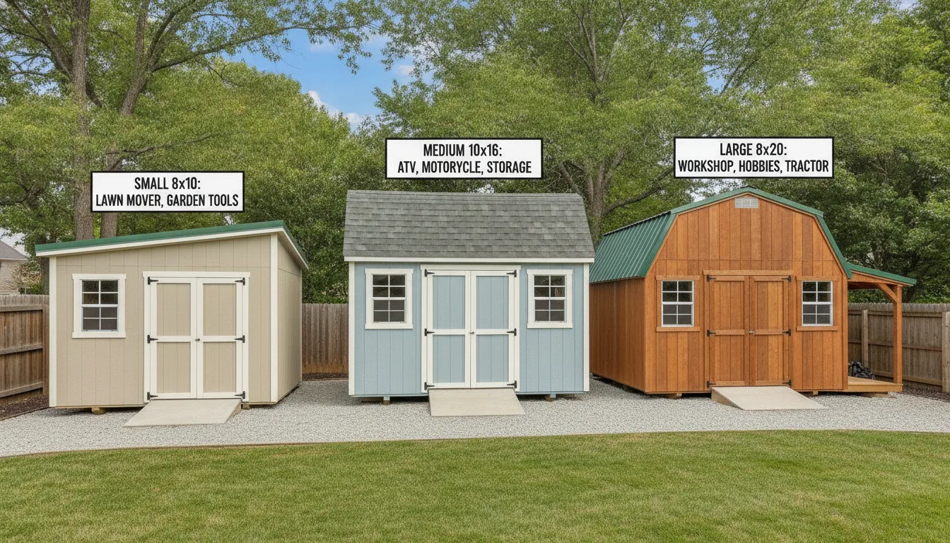 Side-by-side comparison of small 8x10, medium 10x16, and large 12x20 utility sheds showing size differences and common uses