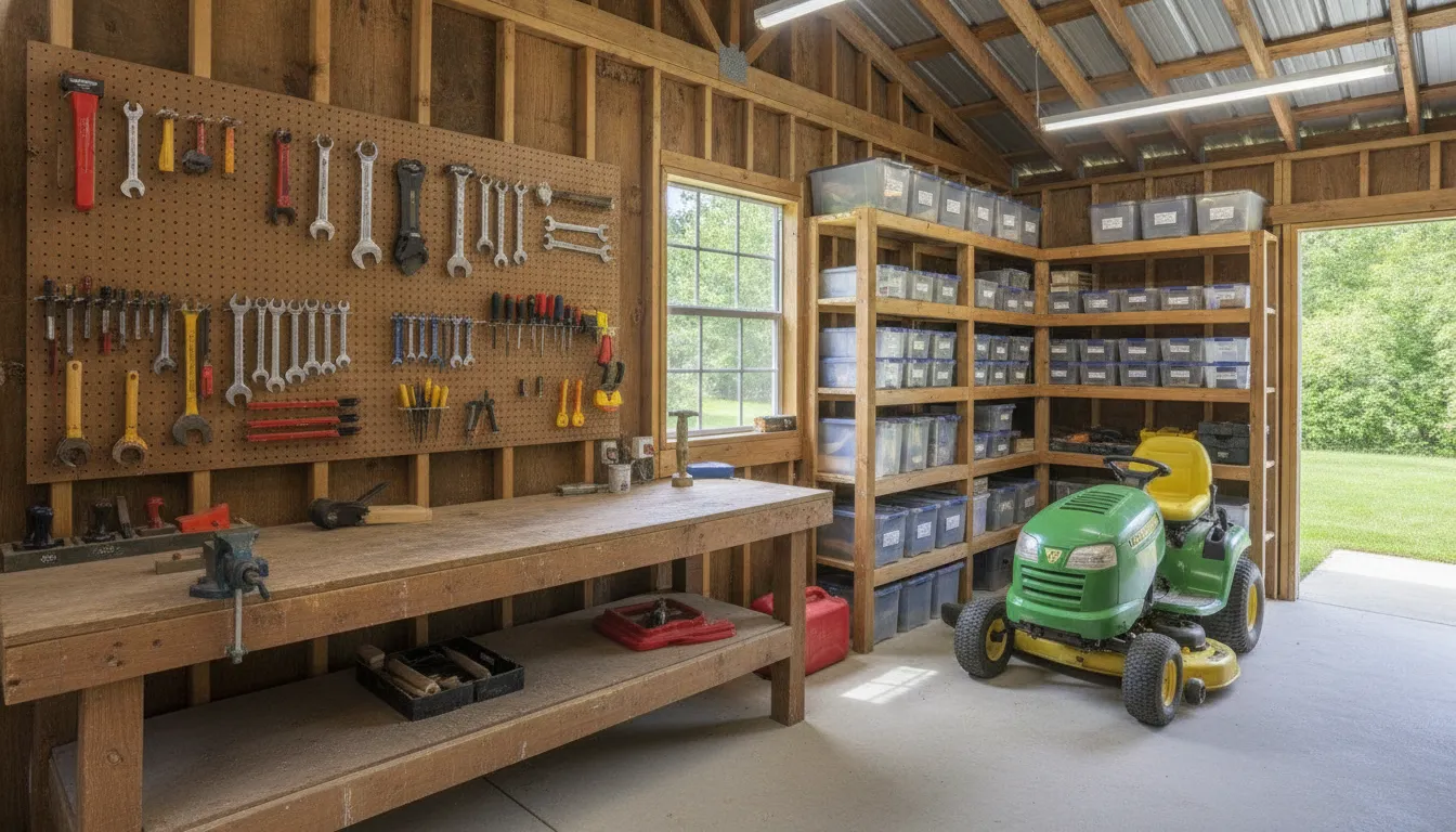 Interior of a large backyard utility shed workshop with a wooden workbench, pegboard tools, shelving, and a riding lawn mower parked inside